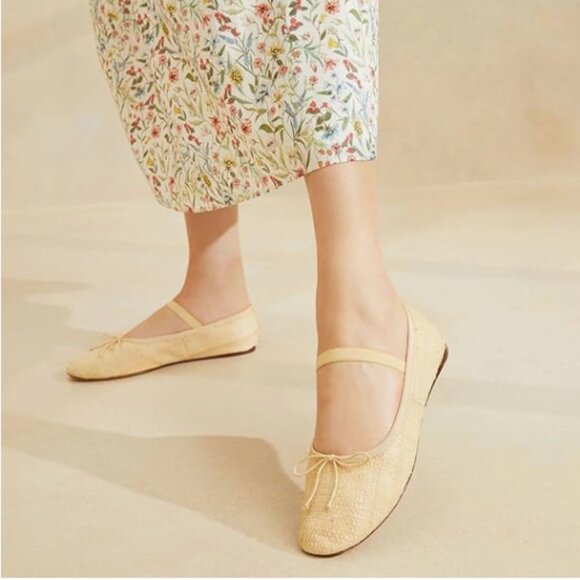 Miss Left Beige Braid Adorable Round Toe Mary Jane Bowknots Elastic Strap Flats - Picture 1 of 8